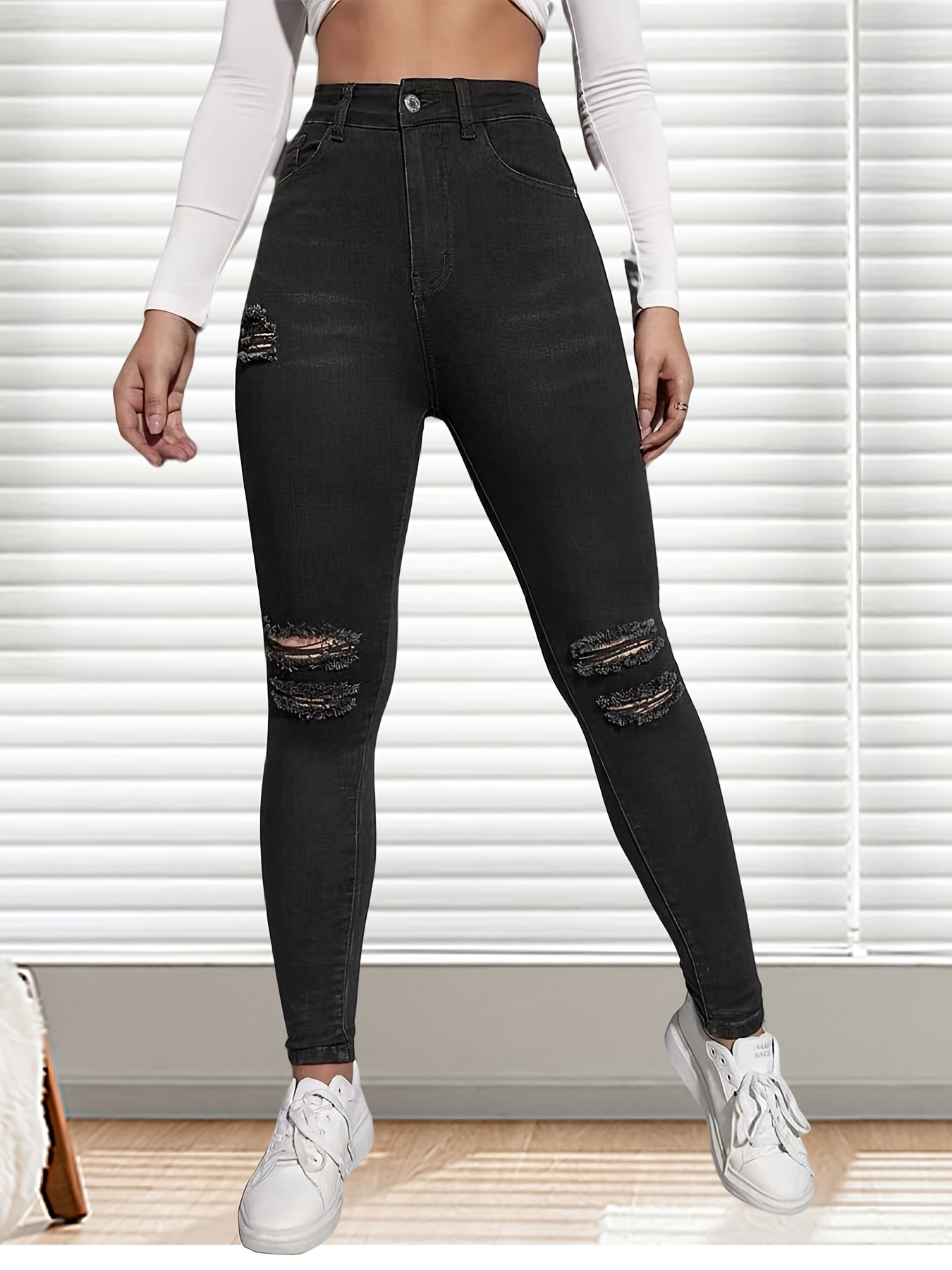 Jeans negros rasgados con corte en la rodilla, pantalones de mezclilla  sueltos con cierre de cremallera y botón de talle alto, pantalones de  mezclilla