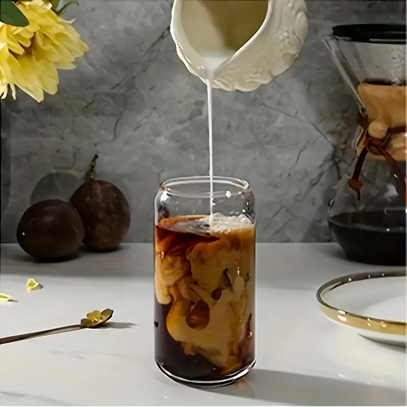 Drinking Glasses Bamboo Lids and Glass Straw 4pcs Set 16oz Can Shaped Glass  Cups Beer Glasses Iced Coffee Glasses Cute Tumbler Cup 