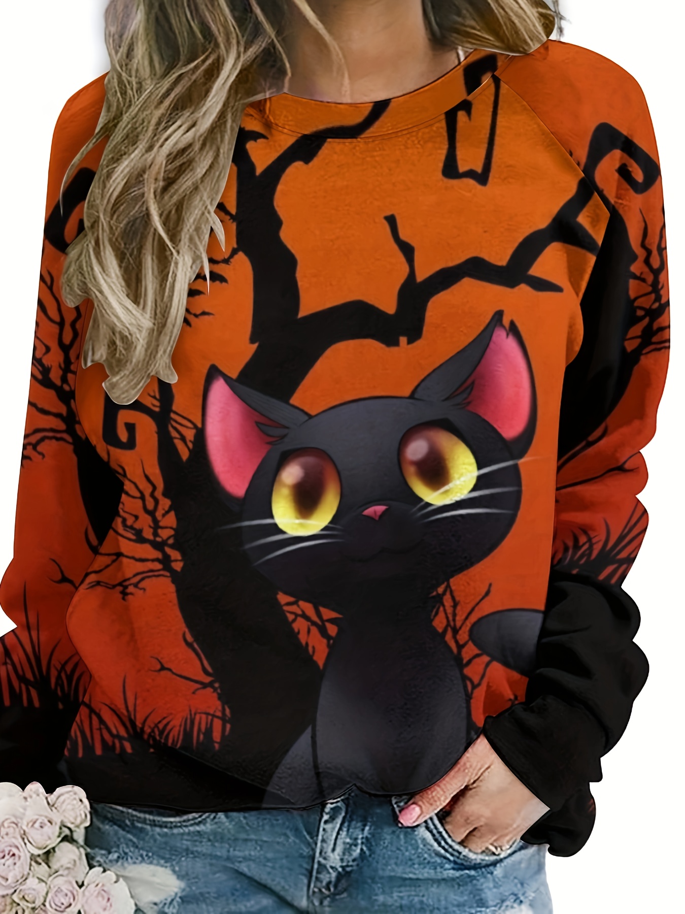 Camisola de manga comprida estampada para gato feminina, Hoodies