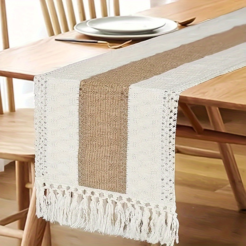  Camino de mesa rústico estilo bohemio, borlas hechas a mano,  color beige, 72 pulgadas de largo para comedor en casa, café, té, cocina,  13 x 72 pulgadas, color crema : Hogar y Cocina