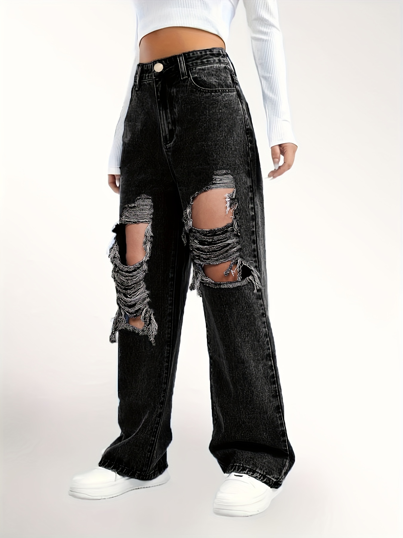 Ripped Straight Leg Loose Fit Jeans High Wide Legs - Temu Canada