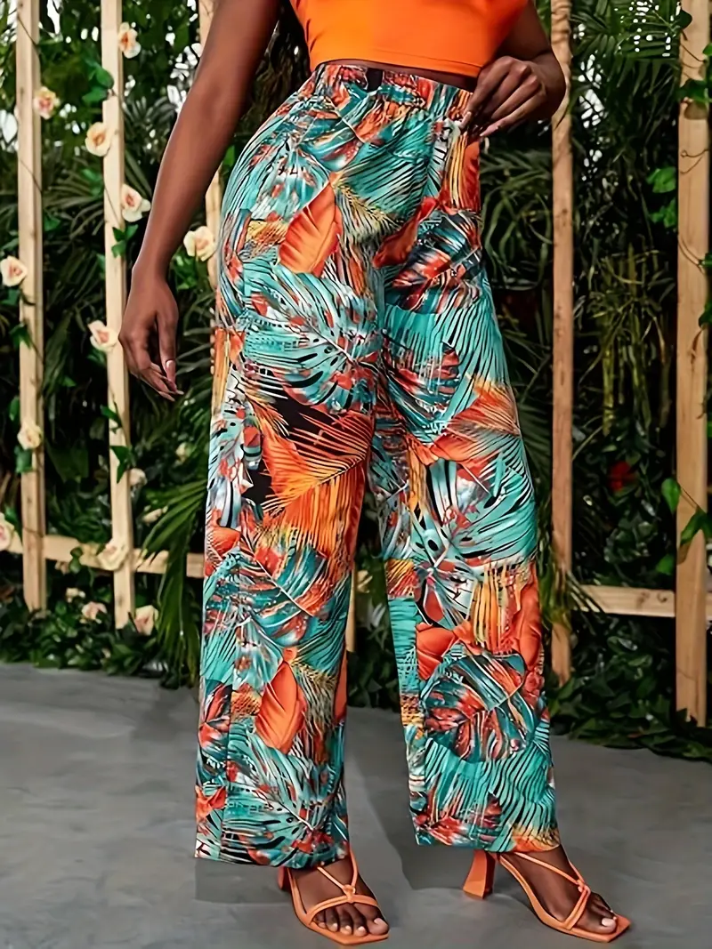 Pantalones Anchos Con Estampado Tropical, Pantalones Sueltos Casuales Con  Cintura Elástica, Ropa De Mujer