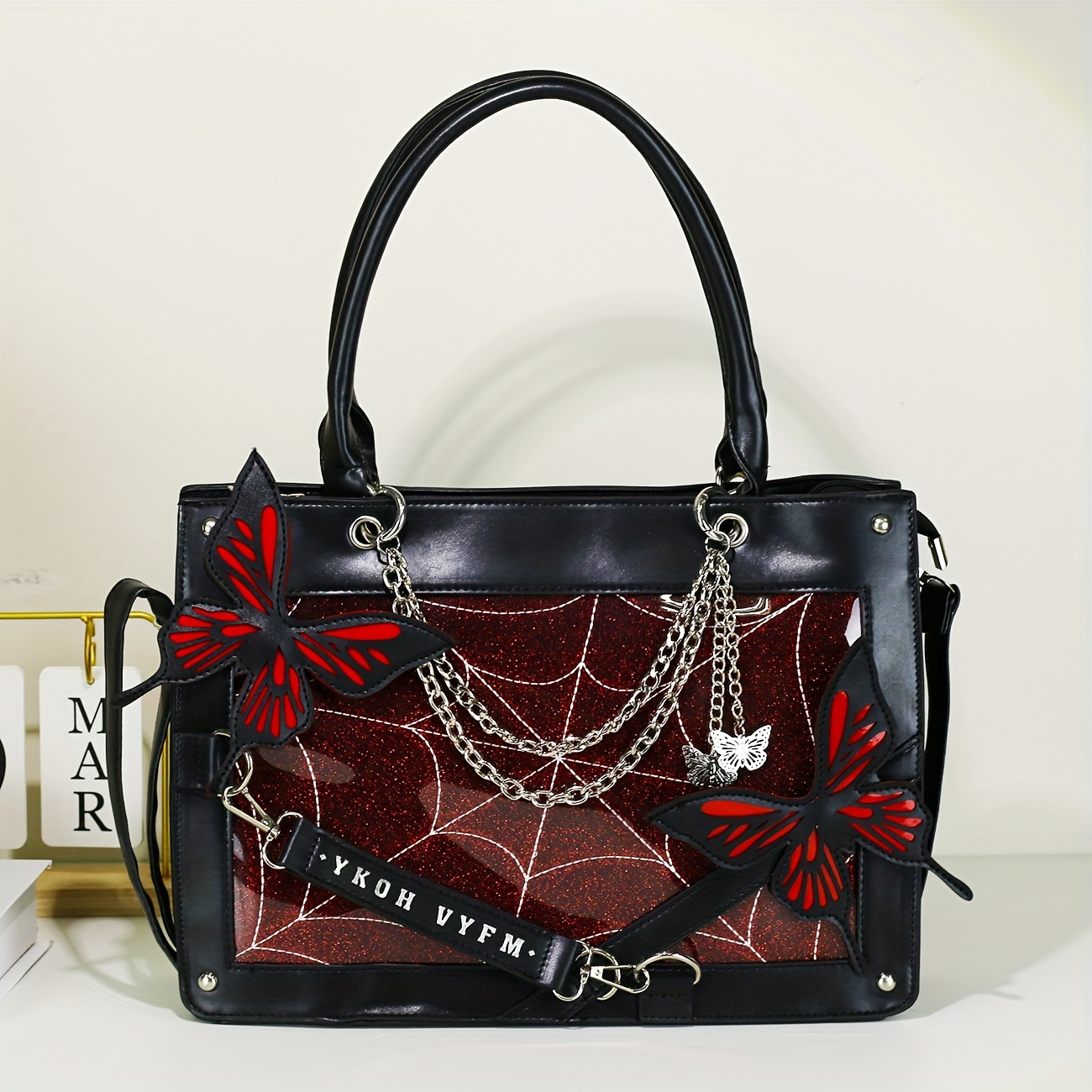 Gothic Butterfly Deco Tote Bag, Y2k Punk Crossbody Bag, Funky