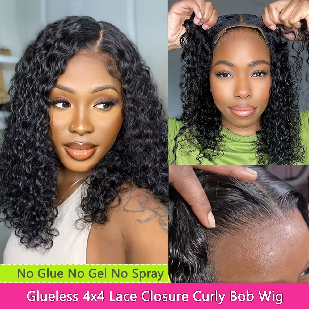 Wear And Go Glueless Wigs Bob Wig Human Hair Wigs For Women 4x4 Deep Curly Lace Front Wigs Human Hair Pre Plucked Pre Cut For Beginners New Upgraded No Glue With Natural Color 25.4-40.64cm 180%