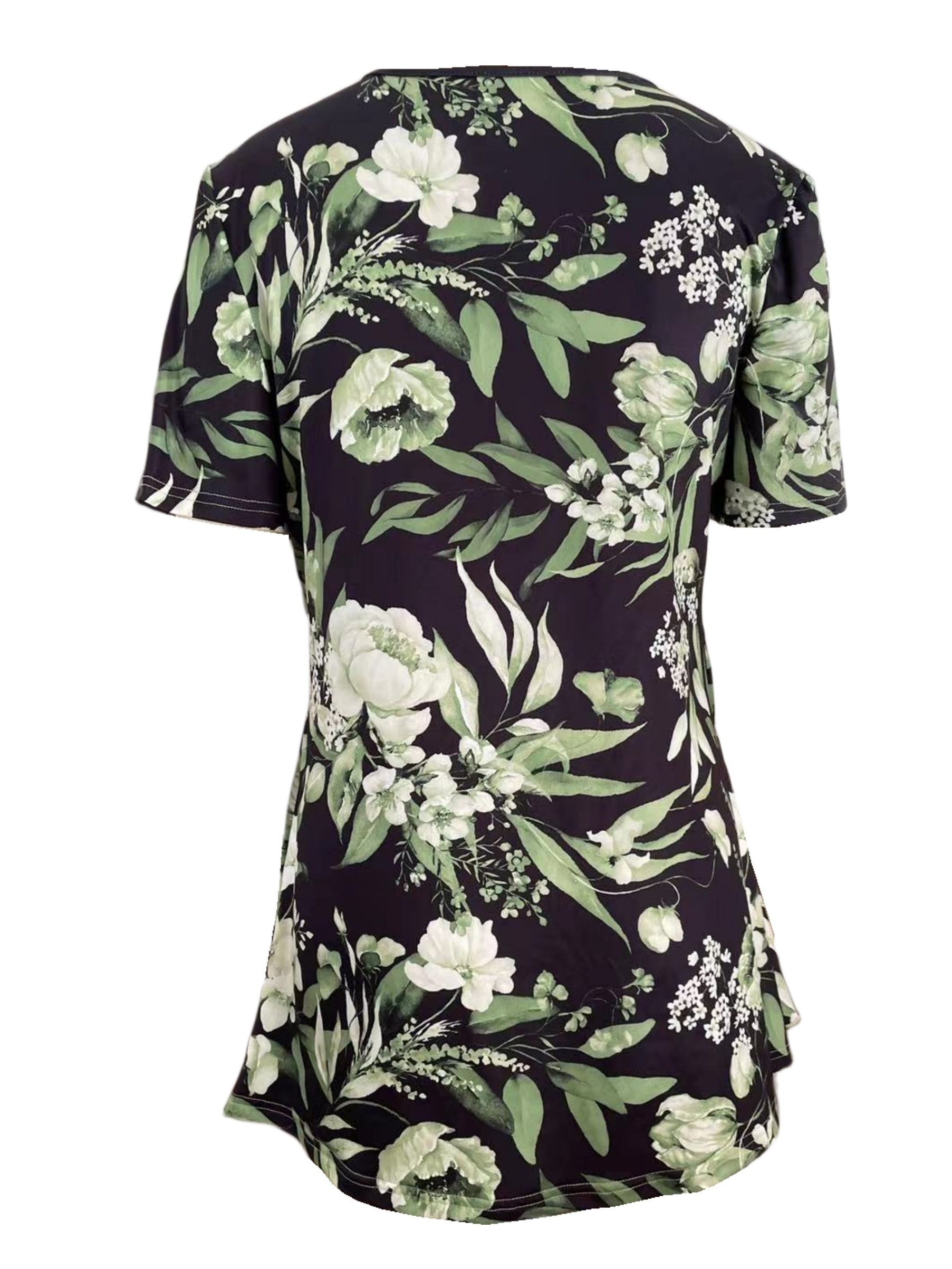 Floral Print Faux Peal Decor T shirt Casual V Neck Short - Temu