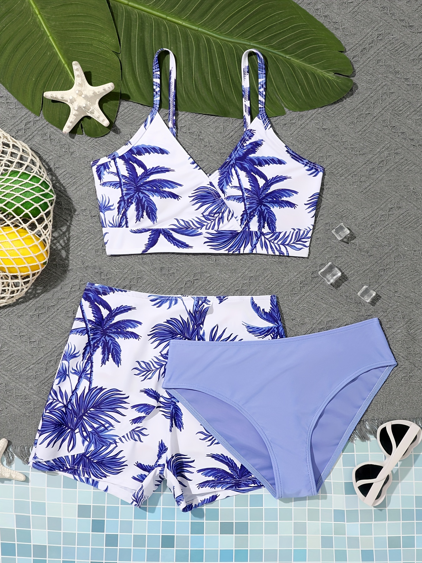 3pcs Girls Bikini Tankini Swimsuit Palm Tree Graphic Cami Top & Triangle  Swim Bottoms & Shorts Set Kids Summer Beach Clothes Bathing Suits