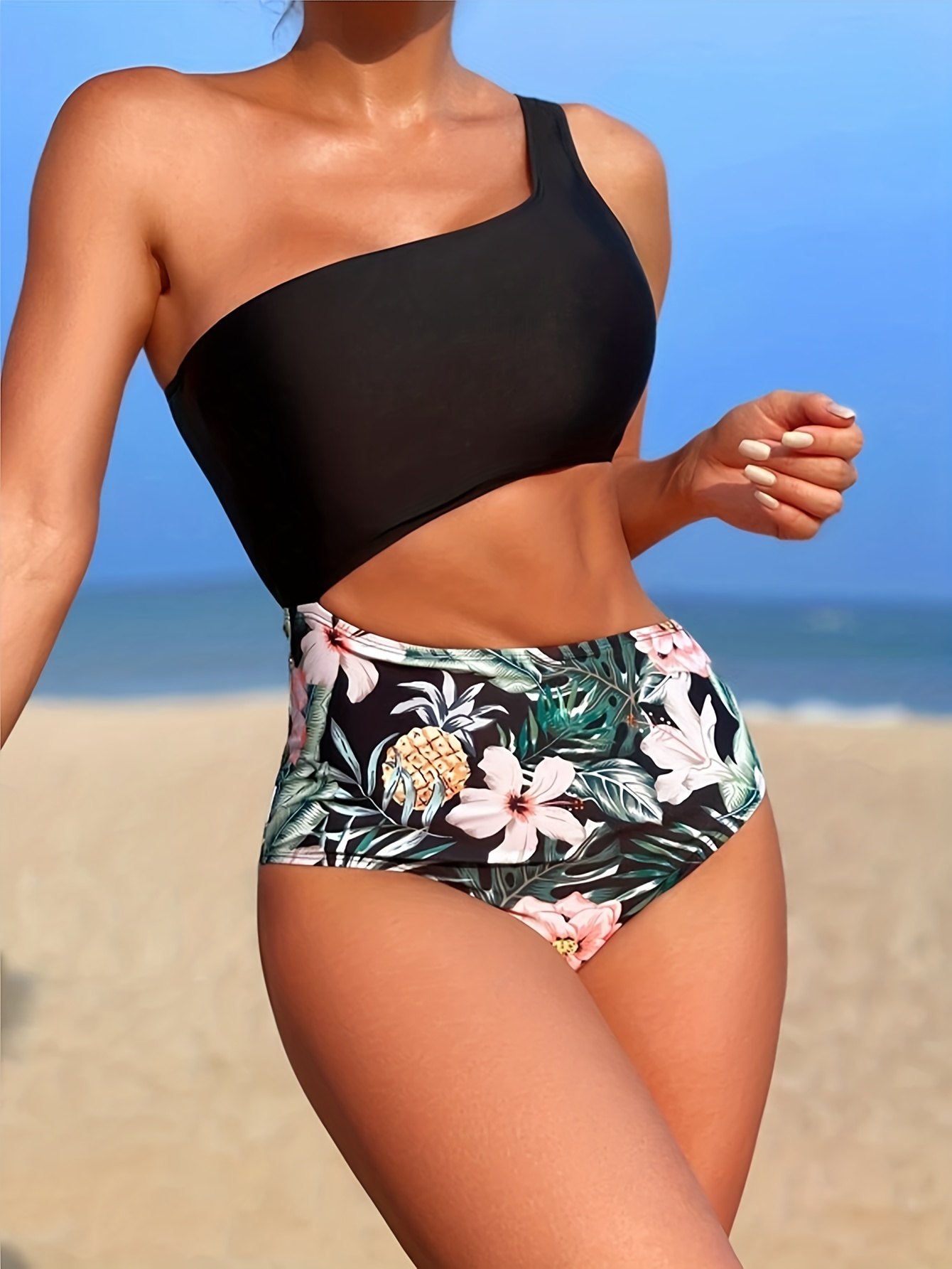 Black Pineapple Tropical Print Stretchy One piece Swimsuit Asymmetric One Shoulder Cut Out Bathing Suits Women s Swimwear Clothing