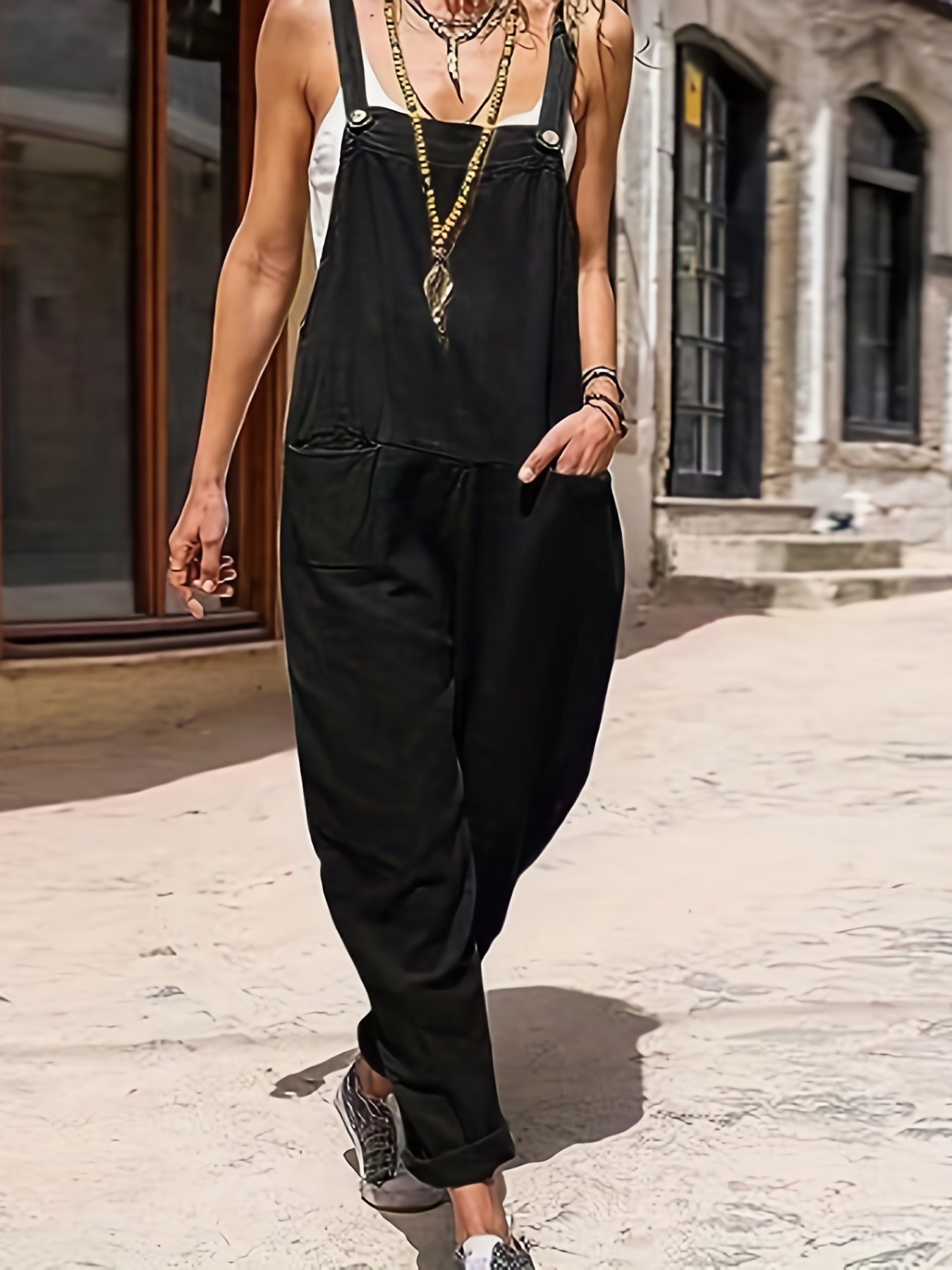 Pocket Front Overall Jumpsuit Casual Sleeveless Solid - Temu