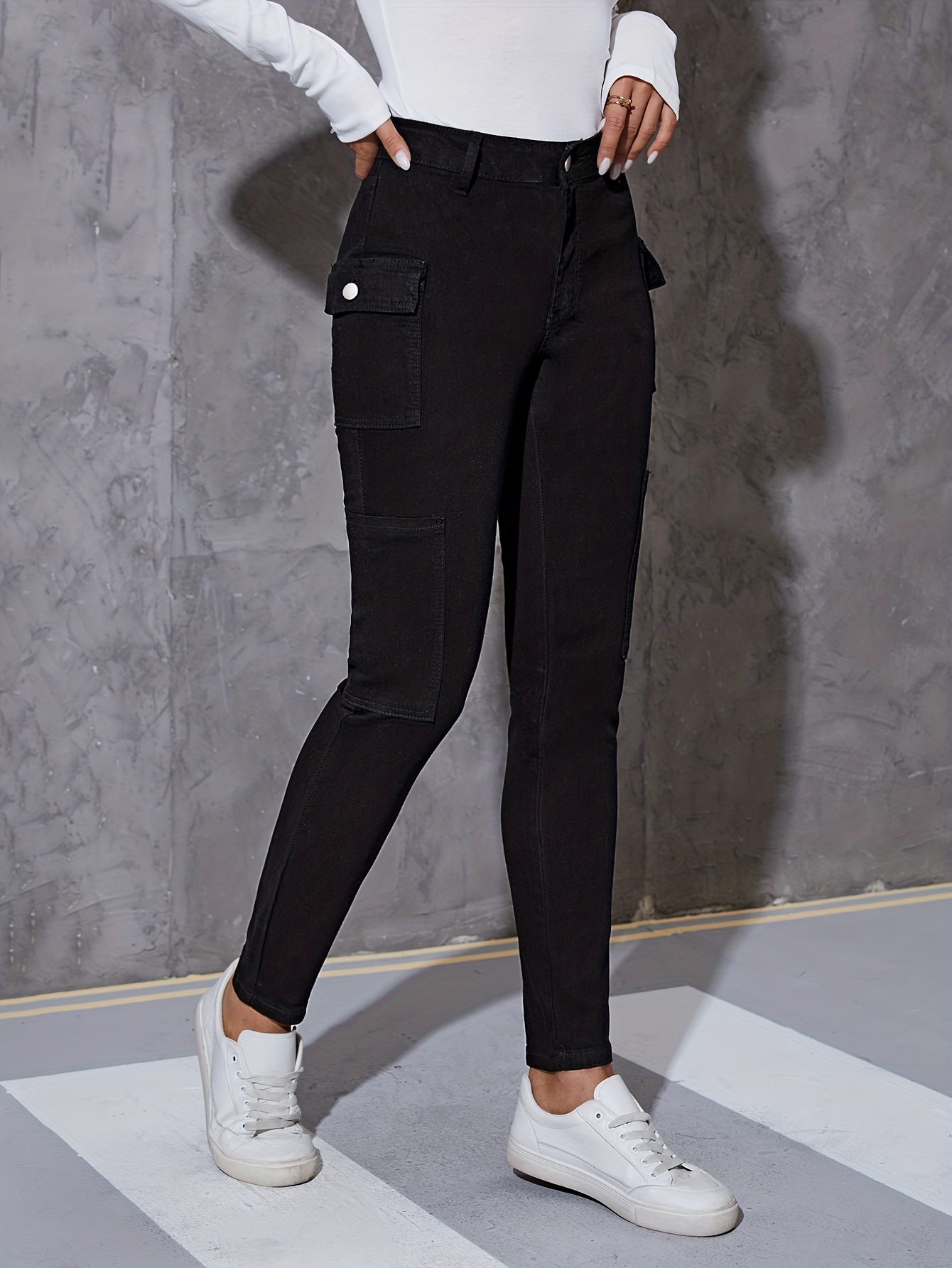 Black Flap Pockets Skinny Jeans, Slim Fit High Stretch Versatile Cargo  Denim Pants, Women's Denim Jeans & Clothing