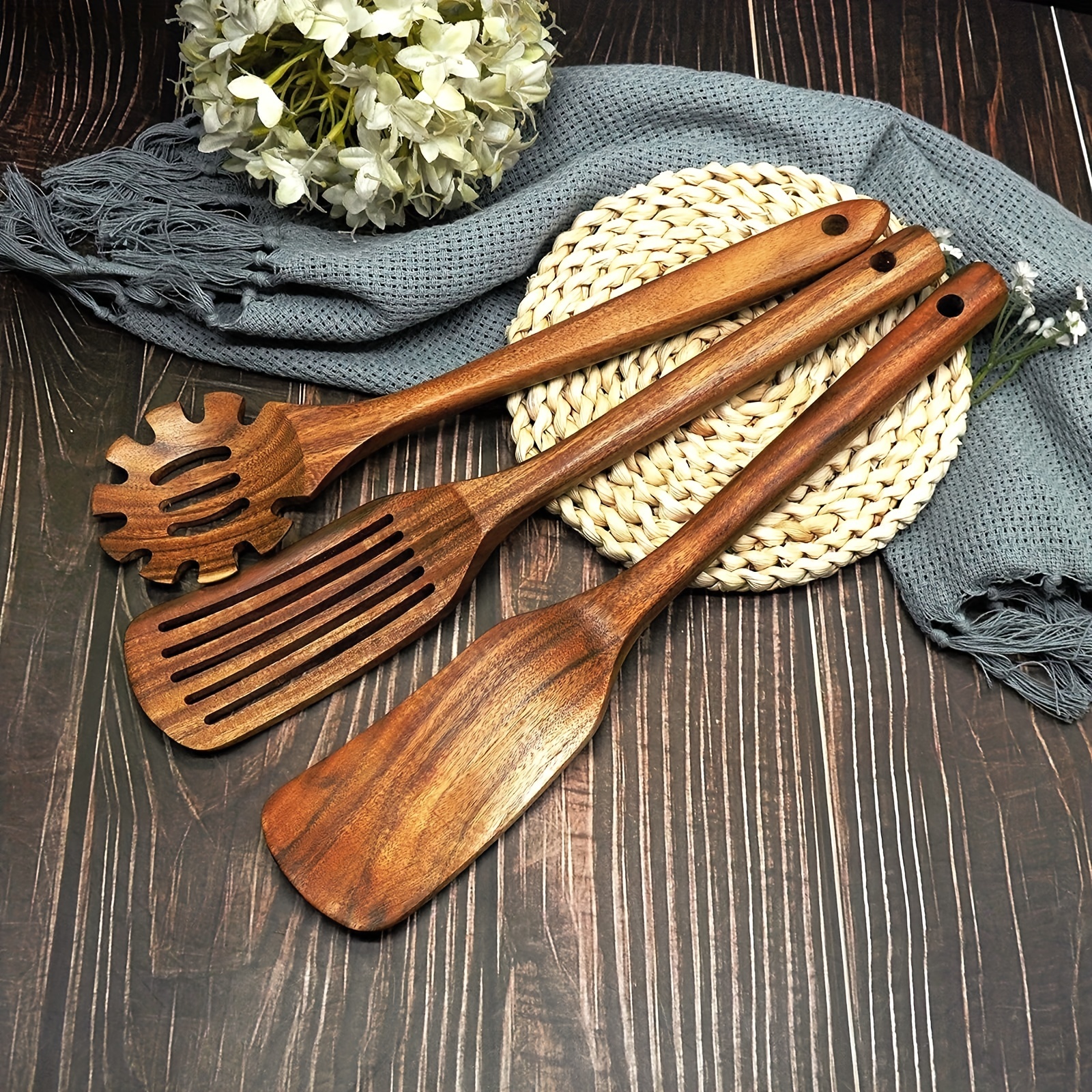 Cucharas de madera para cocinar, juego de 7 utensilios de cocina de madera  antiadherentes, utensilios de cocina naturales y saludables (7 piezas)