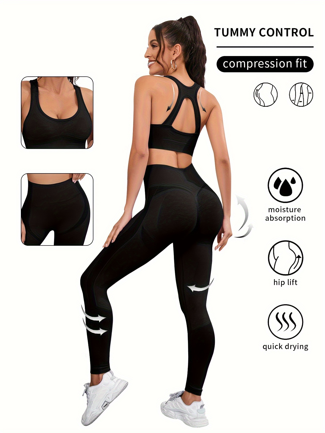 2 Piece Workout Outfits Tummy Control Active Sets Solid Color for