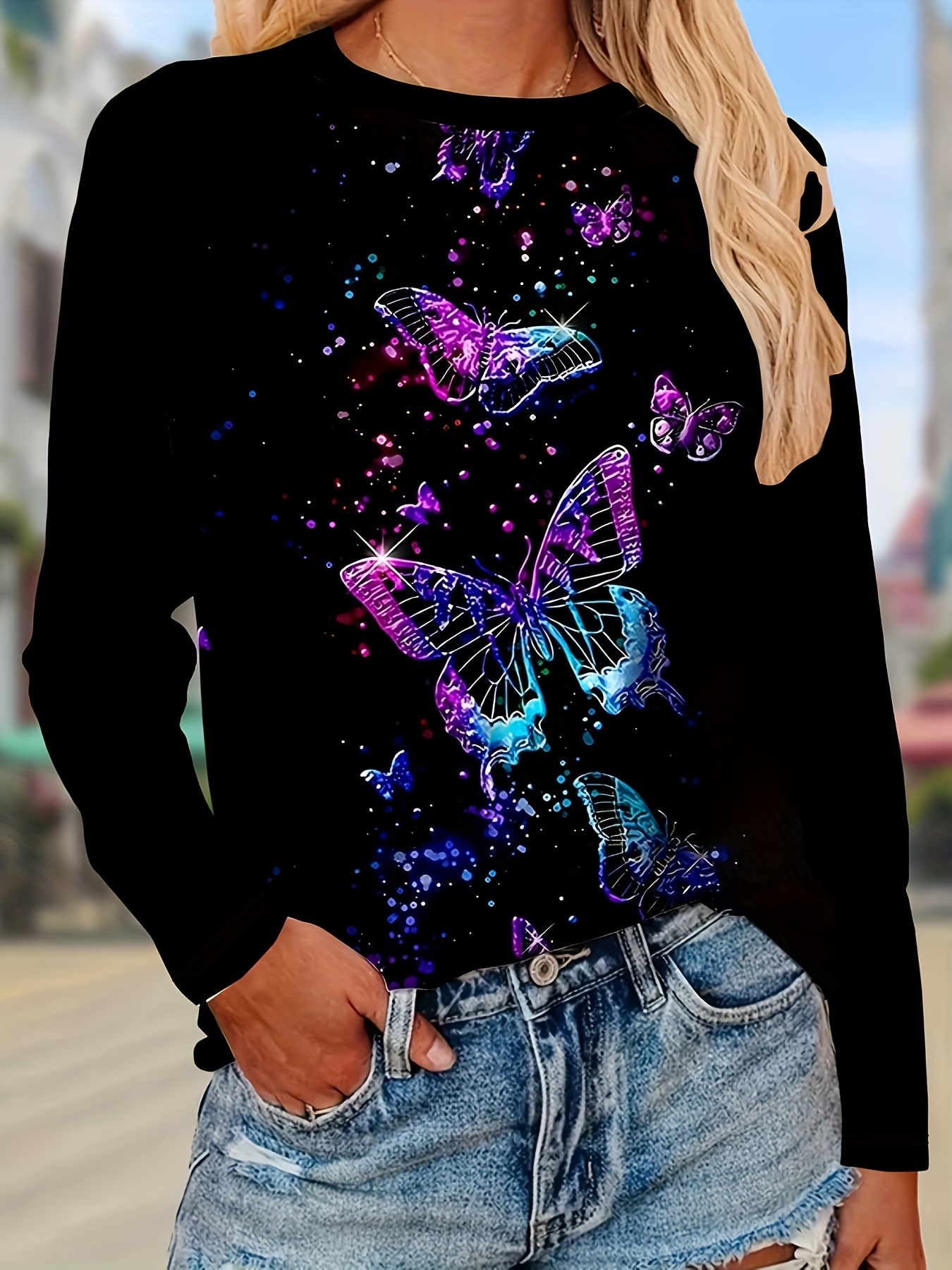 butterfly print raglan sleeve t shirt versatile crew neck t shirt for spring fall womens clothing multicolor 0