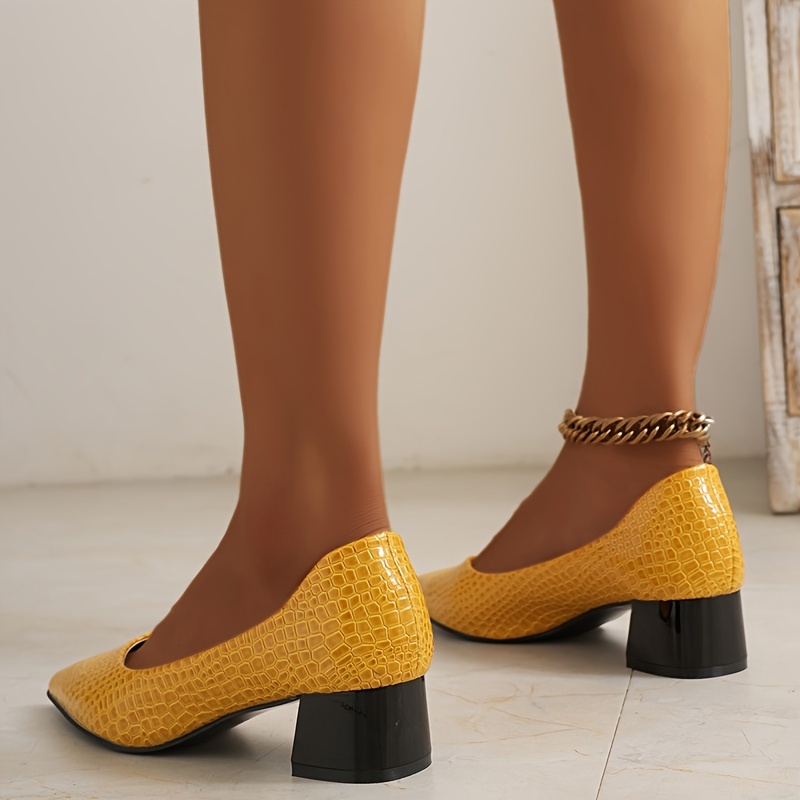 Women Crocodile Embossed Chunky Heeled Mule Sandals, Elegant Brown