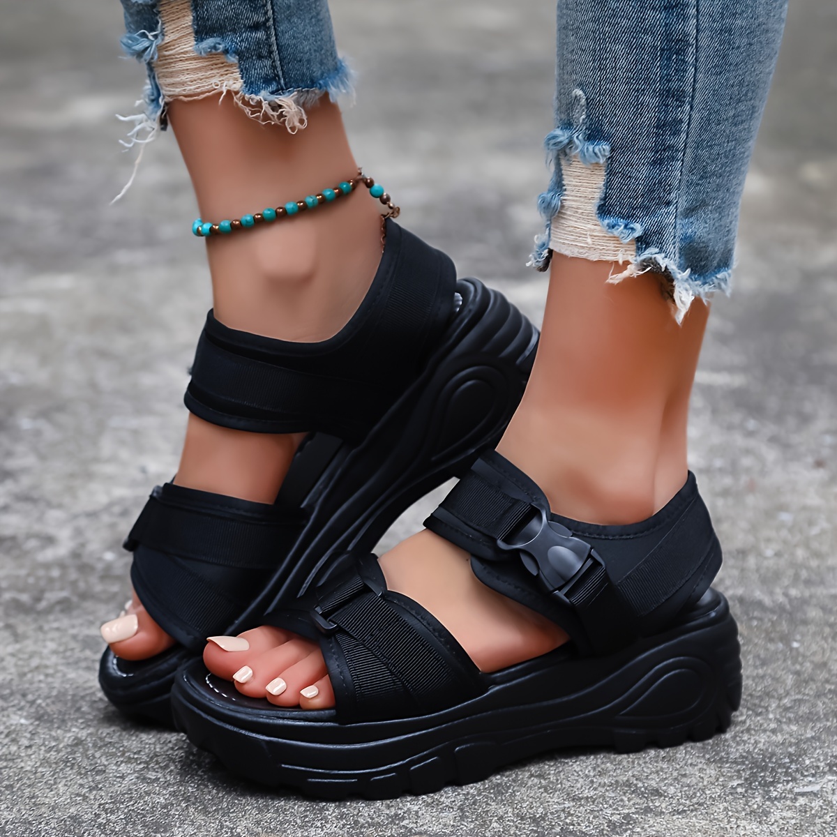 Women's Open Toe Front Zipper Flat Sandals Black Hook Loop - Temu