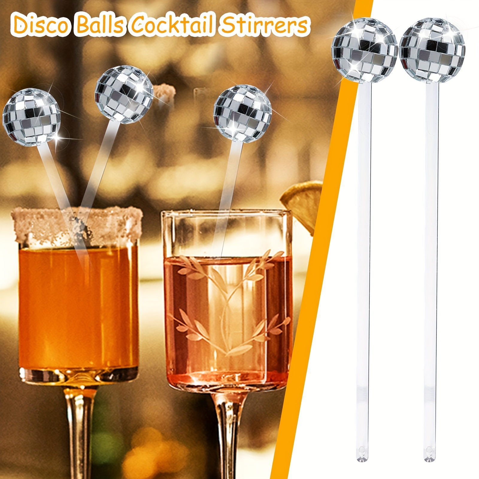 Thyle 120 Pcs Disco Ball Drink Stirrers 7.7'' Glitter Lolipop Stick Plastic  Round Top Swizzle Stick Mirror Ball Cocktail Stir Stick Disposable for