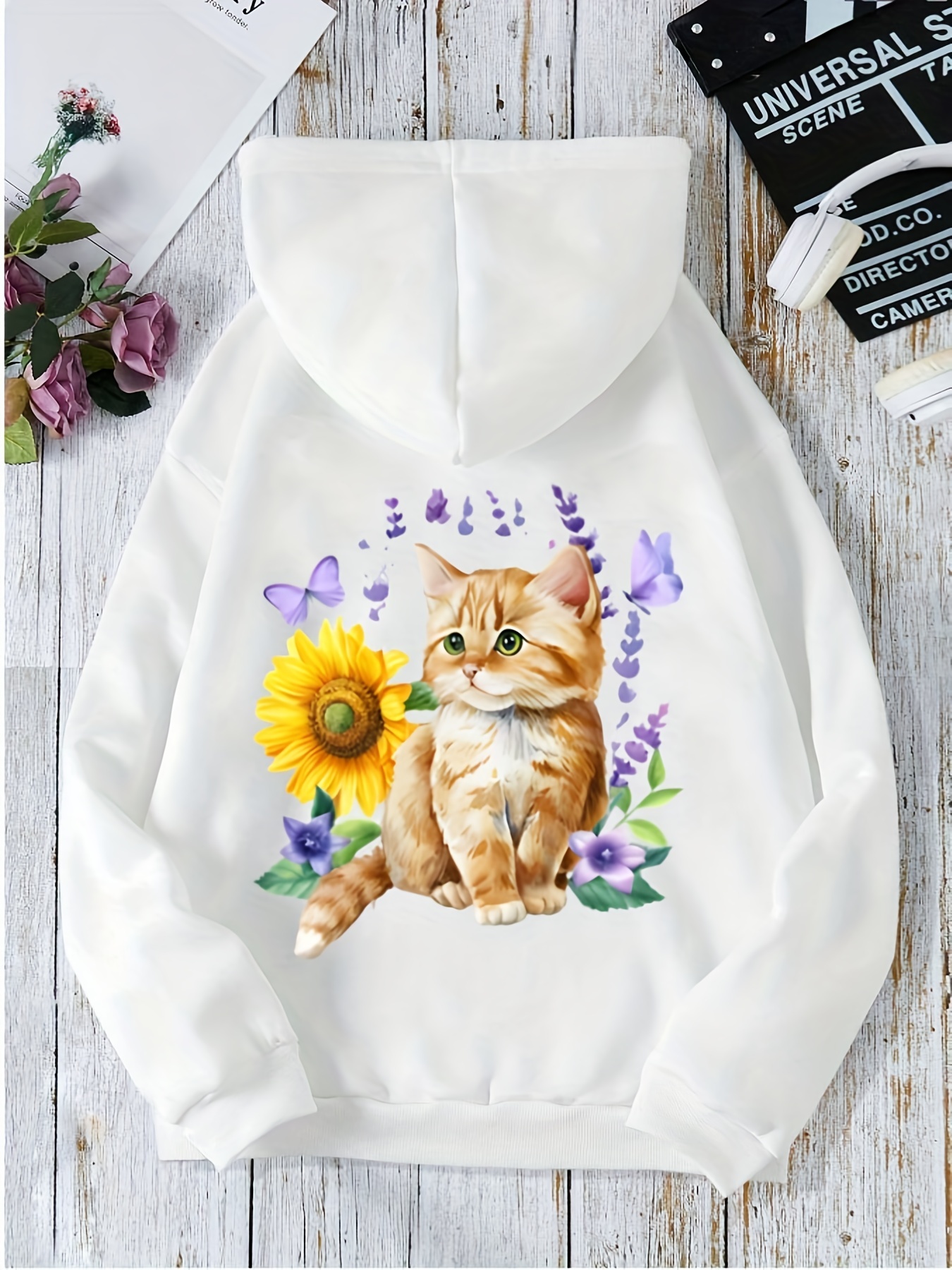 Teens Kids Lovely Kitten Back Graphic Fleece Hooded Temu