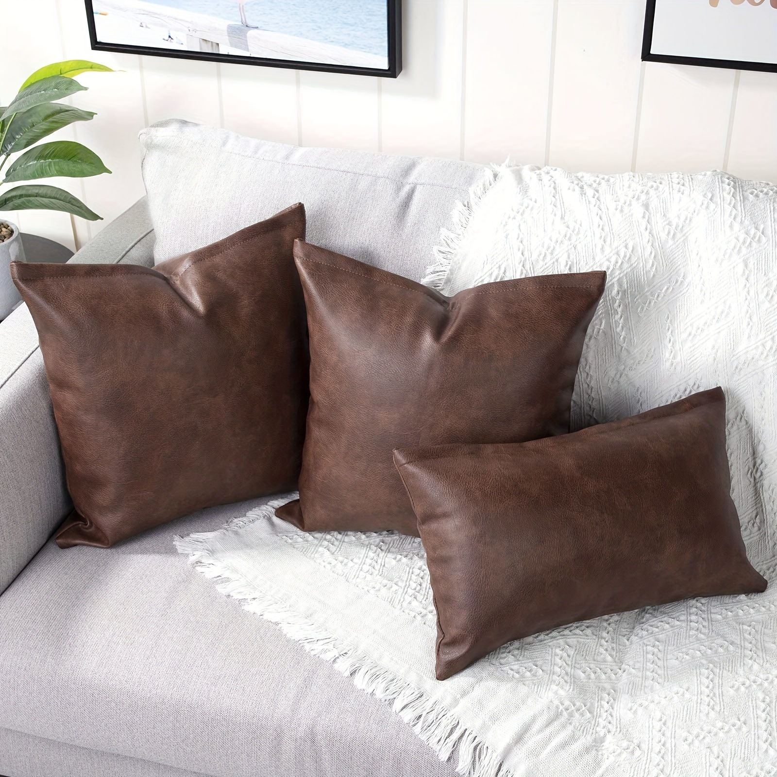 DEZENE Decorative Throw Pillow Covers: Set of 6 Modern Boho Square Cotton  and Faux Leather Pillow Cases for Home Decor Living Room Farmhouse Sofa