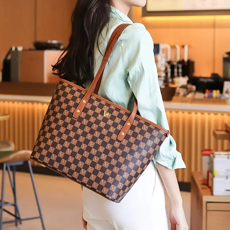 Checkerboard Tote Bag, Large Capacity Portable Shoulder Bag, Commuting  Large Bag For Women