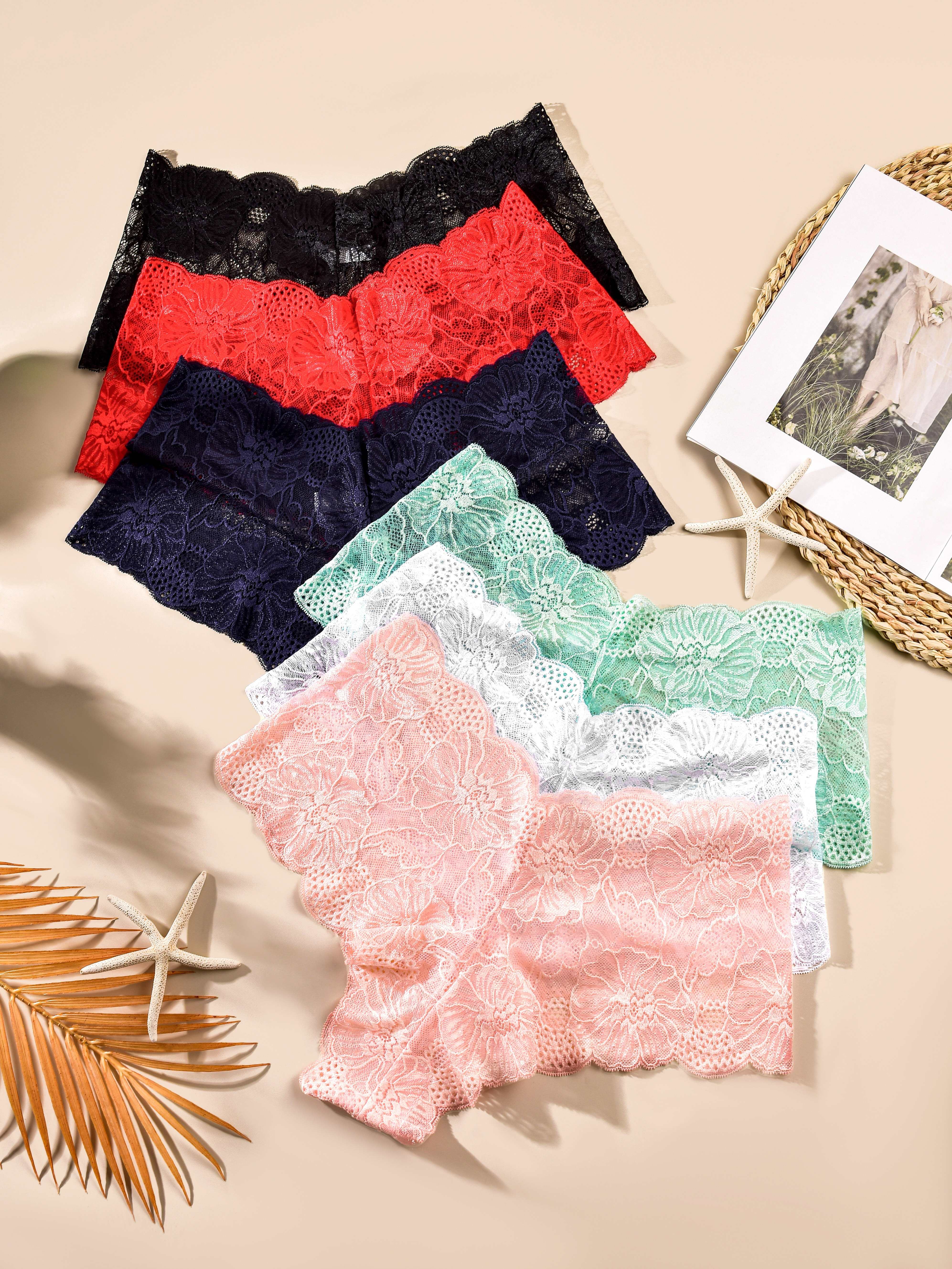 SHEIN 5pcs/Set Women's Solid Color Lace Trimmed Thongs