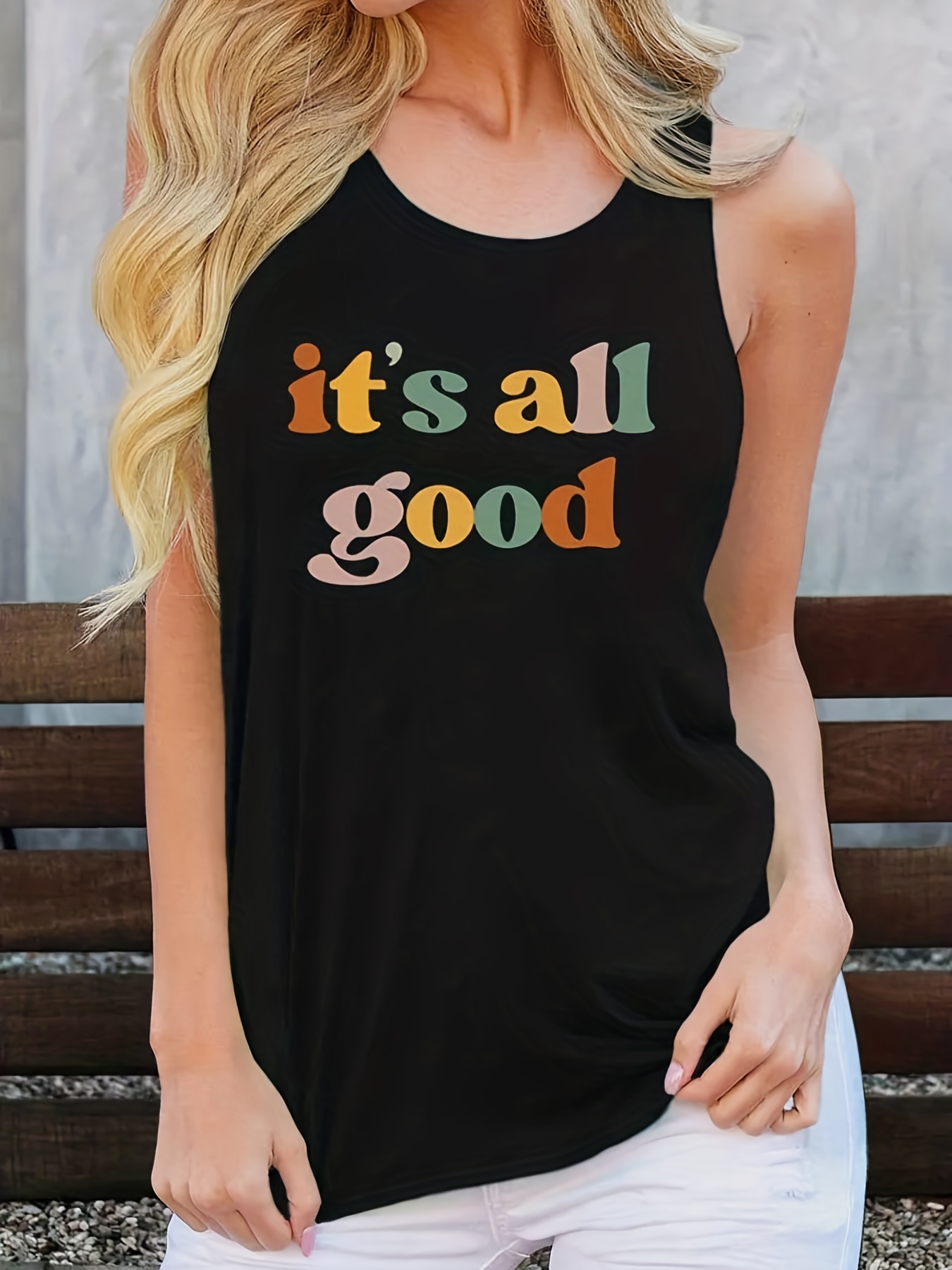 Colorful Slogan Print Crew Neck Tank Top, Casual Racerback Sleeveless Tank  Top For Summer, Women's Clothing