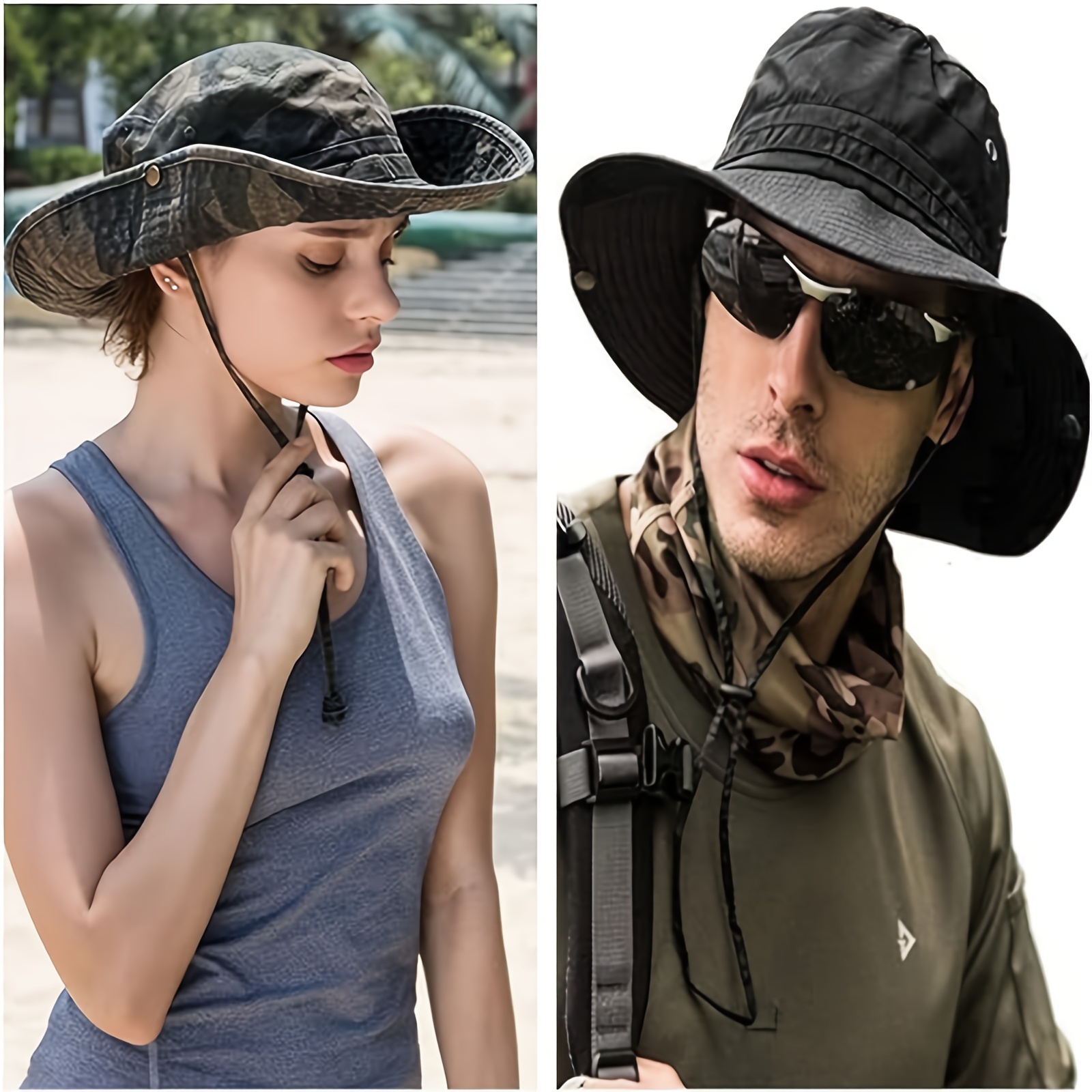 Wide Brim Bucket Sun Hat Packable Cotton Washed UPF 50 Beach Hat for Women  Men with Strings Cowboy Outdoor Safari Boonie Cap Black One Size