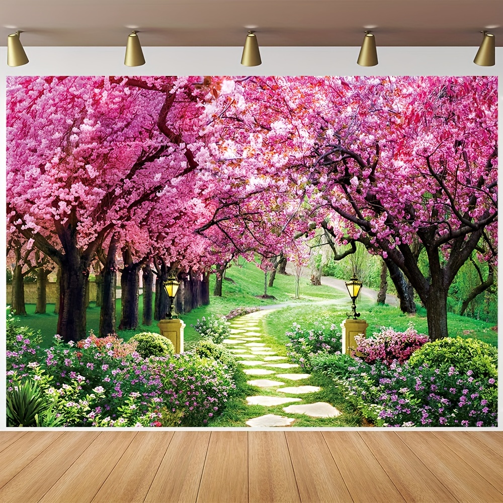 

1pc, Spring Photography Backdrop, Vinyl Flowers Tree Garden Path Landscape Wedding Baby Shower Birthday Party Decoration Banner Poster 82.6x59.0 Inches/94.4x70.8 Inches