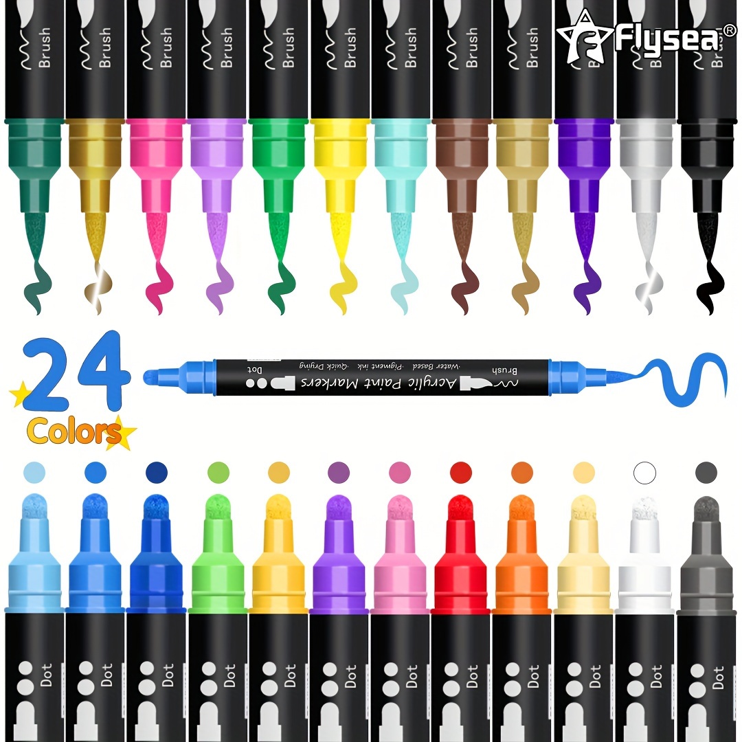 24 Colors Dual Tip Acrylic Paint Pens Paint Markers With - Temu
