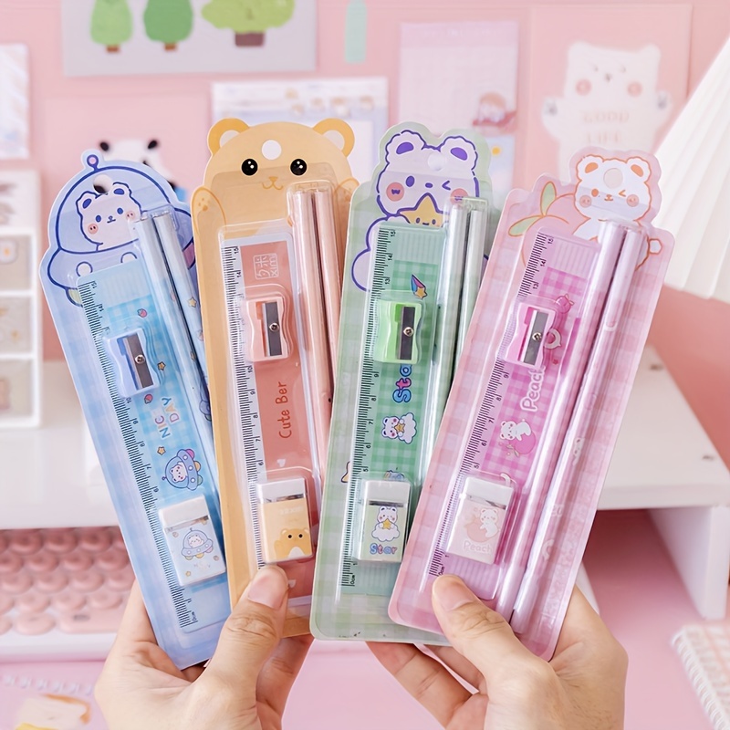 Set kawaii Cute Bunny 2 crayons HB - gomme - règle - taille-crayon