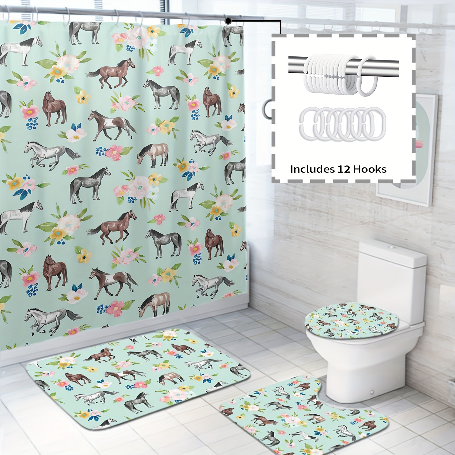 Cortina de Ducha Caballo Gris Cortina de Baño Tela Impermeable Antimoho y  Lavables Divertida Poliester Cortina Baño para Bañera y Ducha con 12  Anillos de Cortina, Cortas Cortina Ducha 120x180 cm 