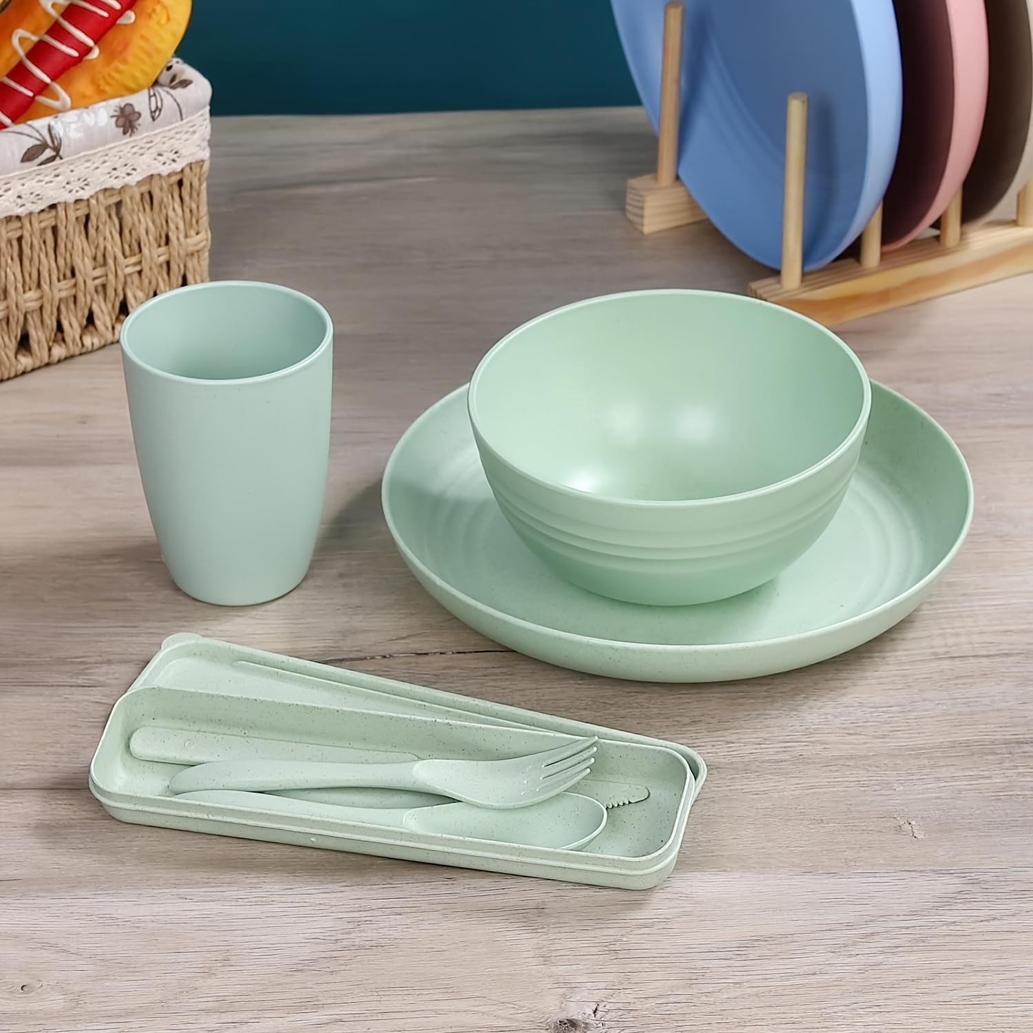 Wheat Straw Dinnerware Sets, Plastic Plates And Bowls Sets College Dorm Room  Essentials Dishes Set With Cutlery Set Microwave Safe - Temu