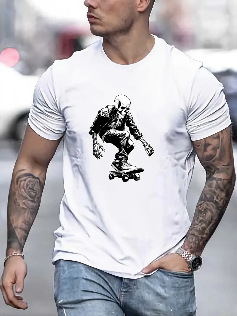 Skeleton Skateboarding Print T Shirt Tees Men Casual Short - Temu