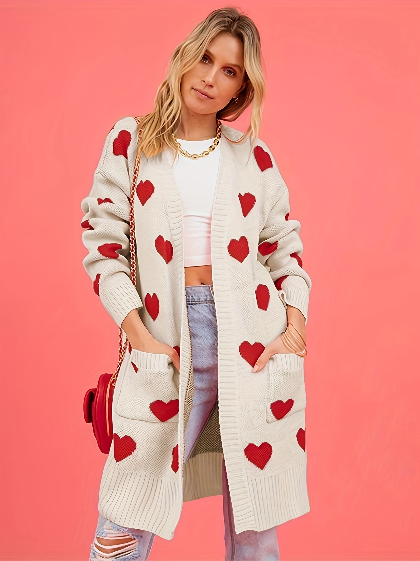 Valentine's Day Heart Pattern Cardigan Sweet Open Front Long - Temu