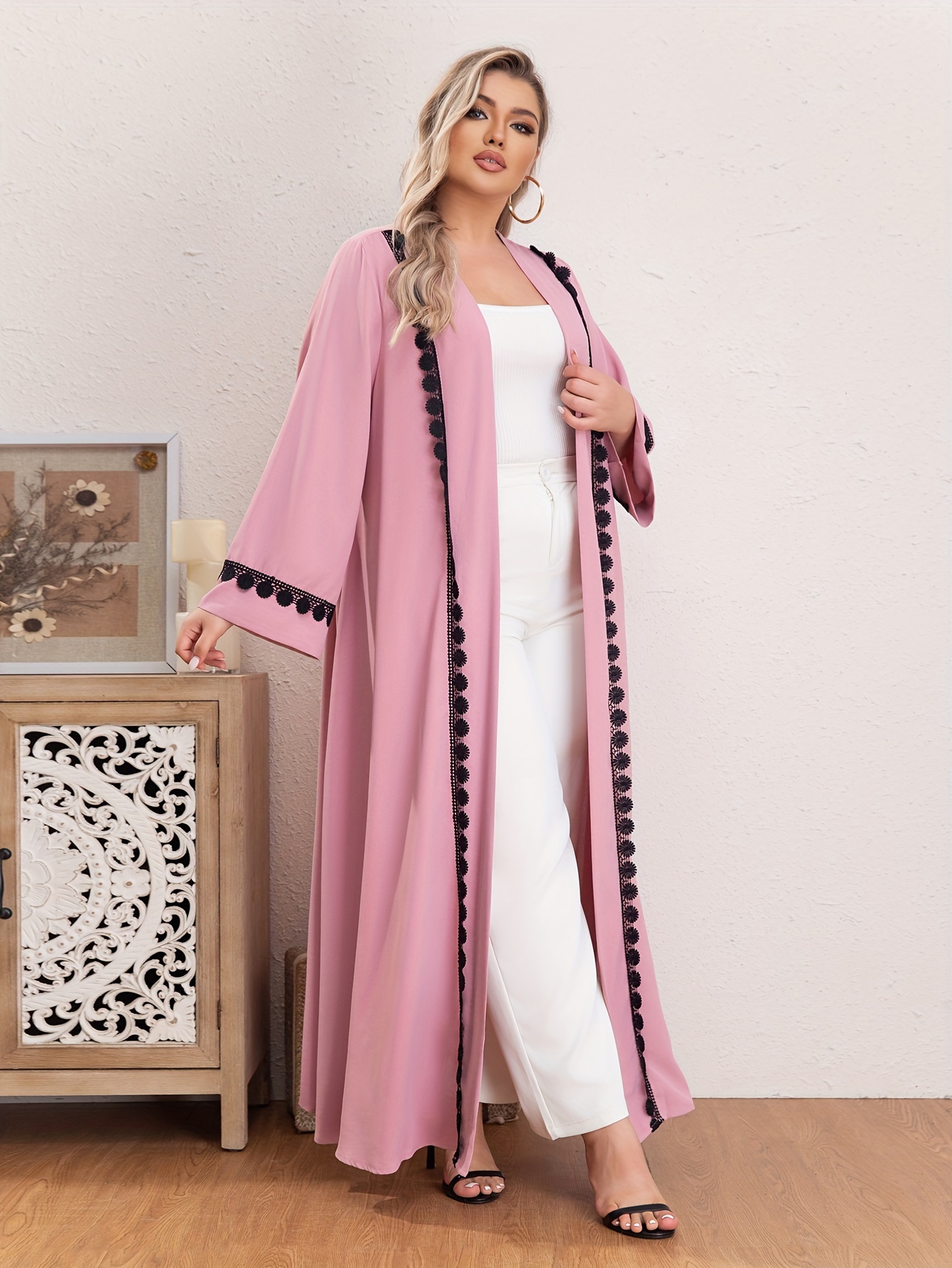 Boho Abaya Robe Contrast Lace Long Sleeve Open Front Dress