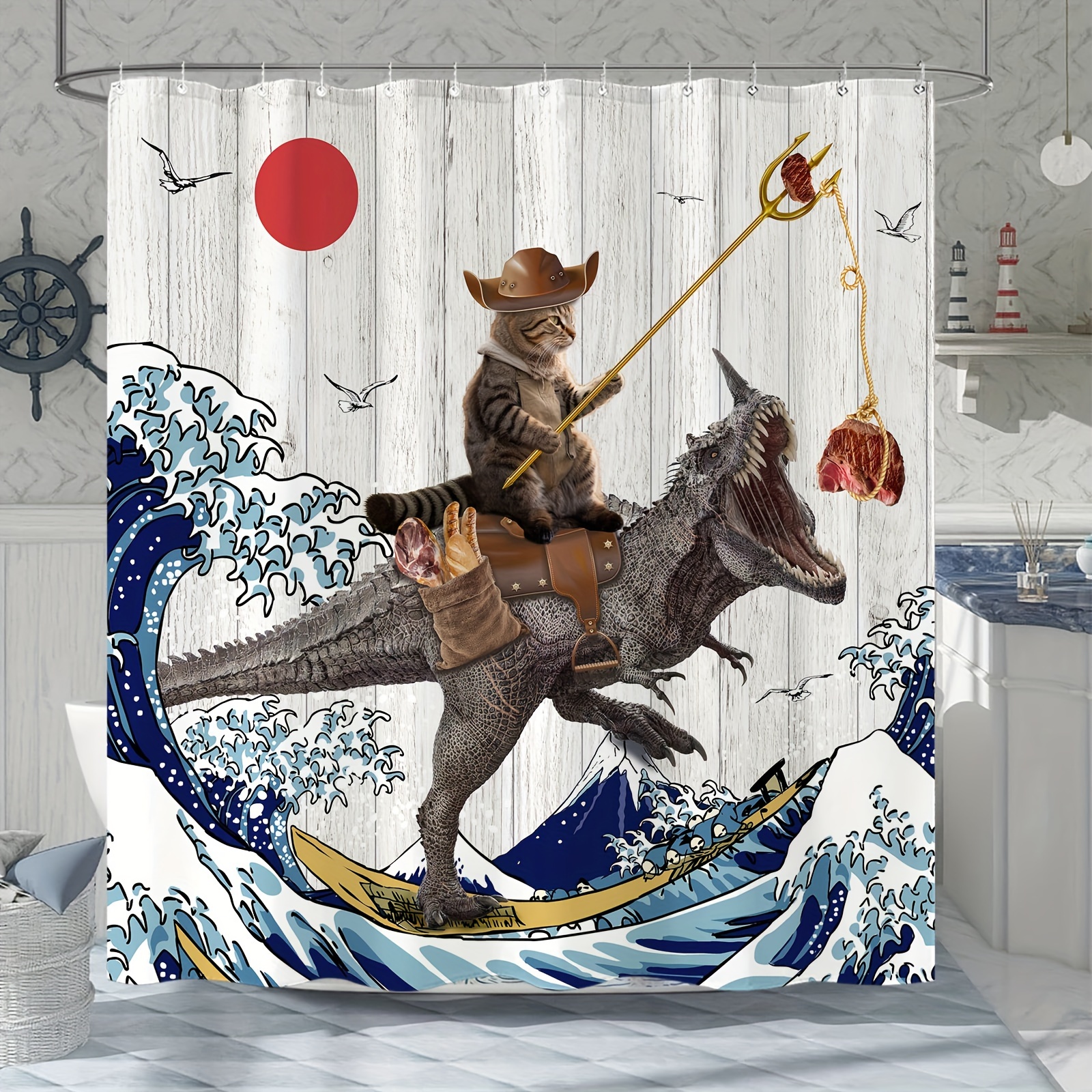  Cortina de ducha con diseño de ballena de equitación, divertidas  cortinas de ducha de gato para baño, divertida cortina de ducha con ondas  japonesas para decoración de baño con ganchos 