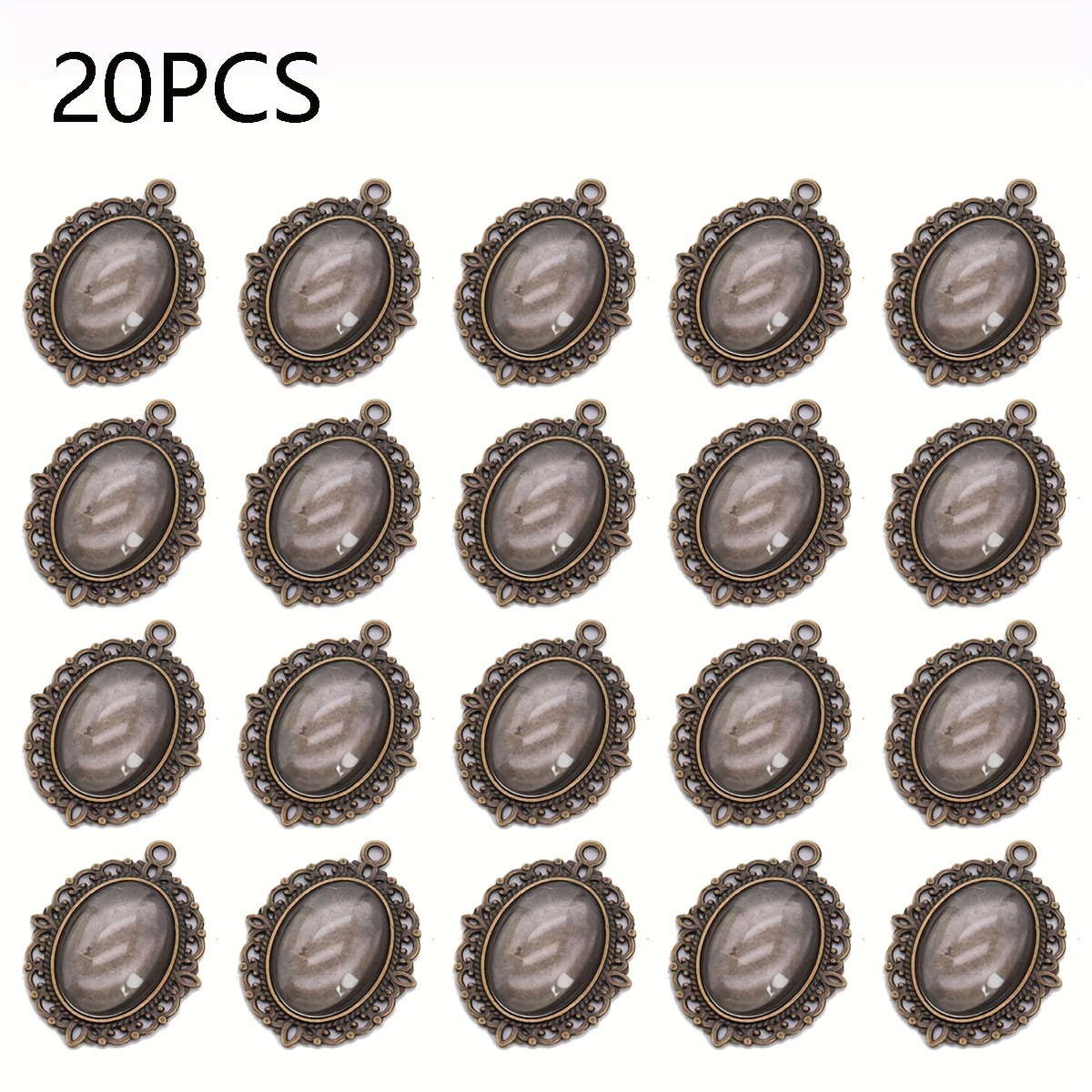 E-shop 20 Stück Legierung Innen 1,8*2,5 cm Ovale Spitzenbodenpads mit Transparenten Glaspatches für DIY Halsketten Armband Schmuckherstellung