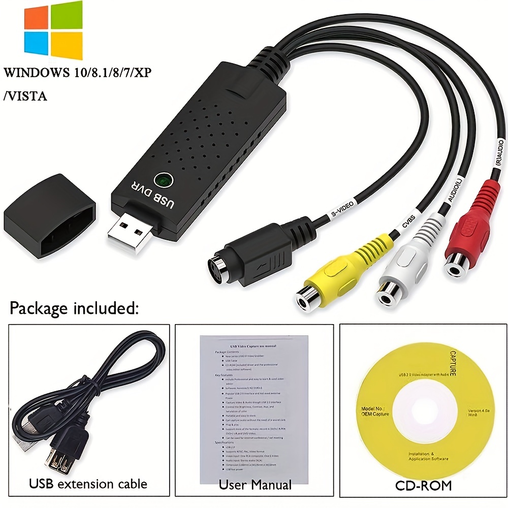 Convertisseur Audio Vidéo USB,Vidéo Capture Graveur Adaptateur Transfère Le  Format Hi8 VHS vers Un DVD Numérique pour Windows 1087XP
