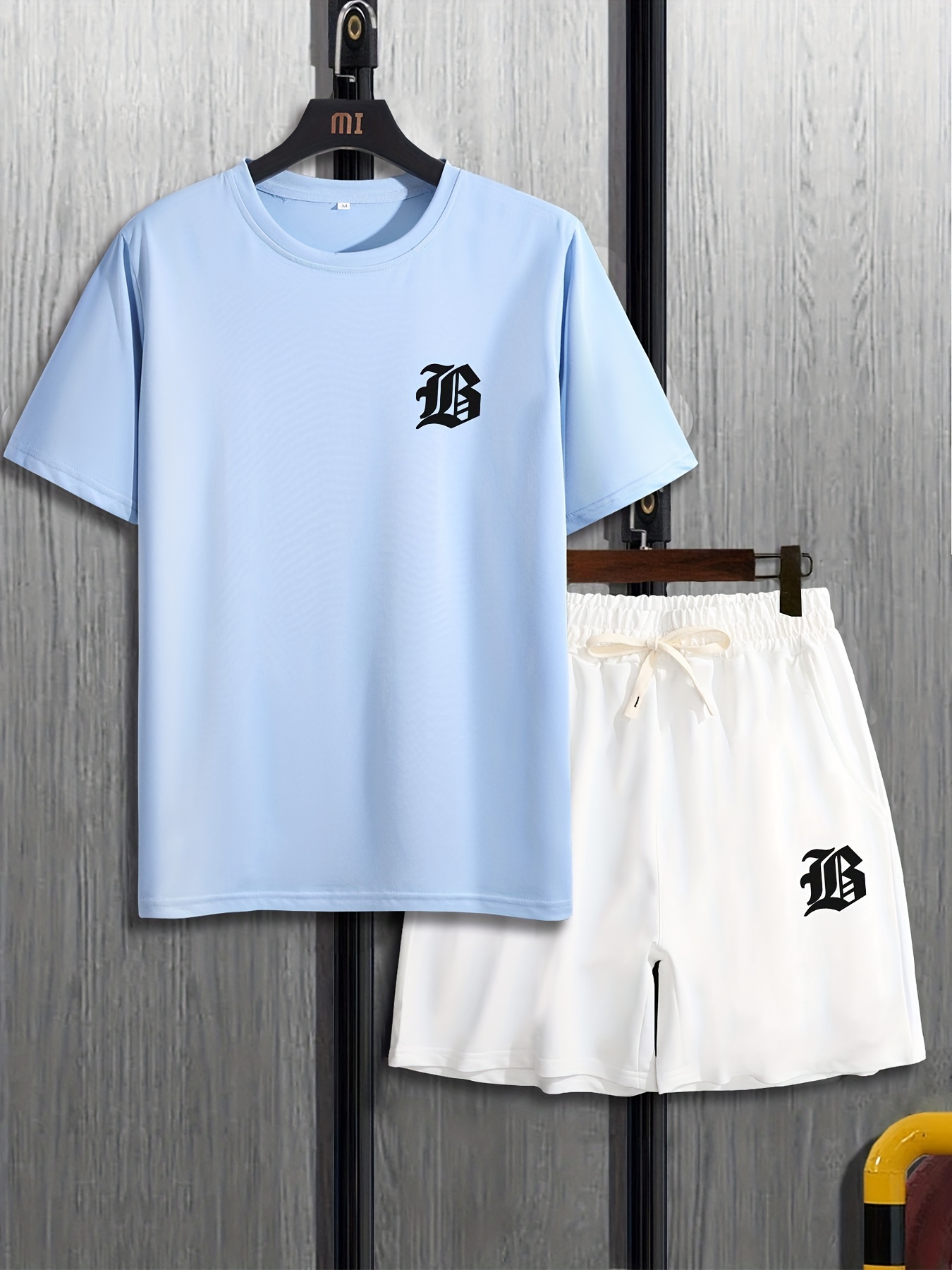 Letter Printed Baseball Shirt And Drawstring Shorts Set In LIGHT BLUE