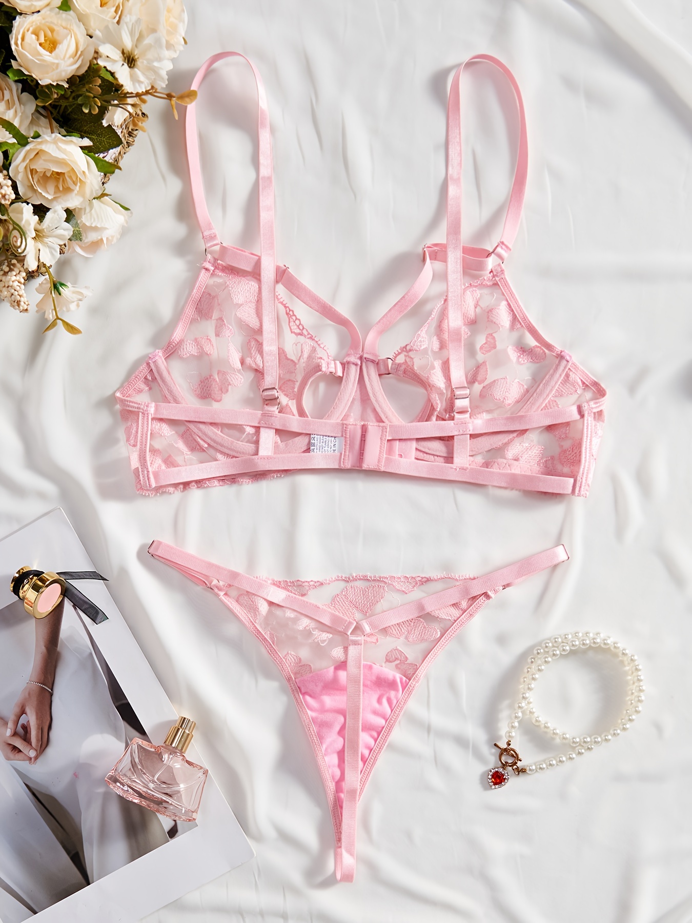 womens embroidered cute heart pattern see through lingerie set charming style pinkish color adjustable straps bra and panties set
