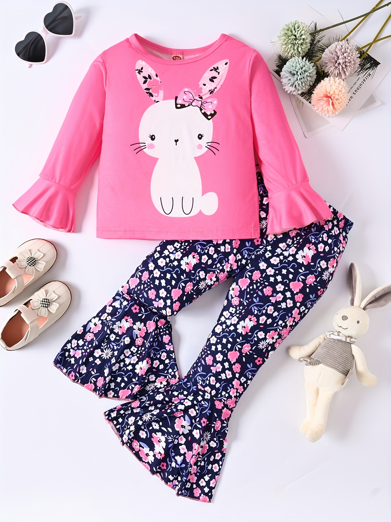 2pcs Toddler Girls' Cute Outfits, Bunny Print Top & Flora Flare Pants Set  Kids Clothes For Fall Party