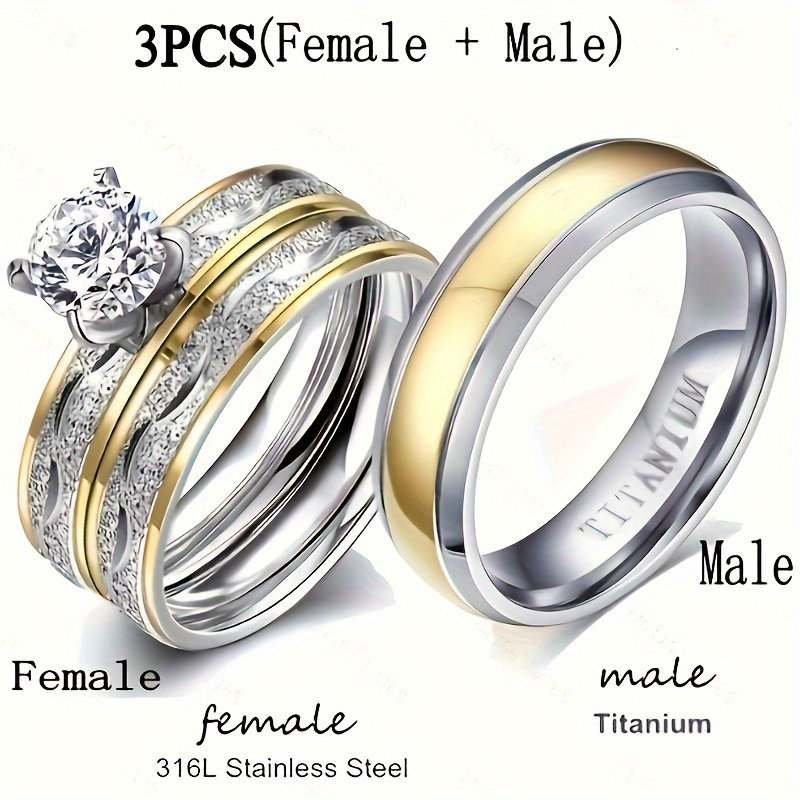 1PC 18K Gold Plated Stainless Steel Wedding Couple Ring Engagement Rings Set