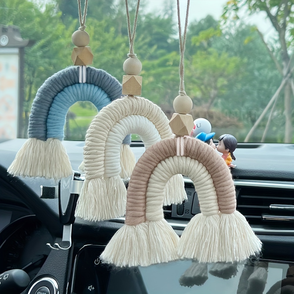 

1pc Handmade Macrame Rainbow Car Charm Hanging Pendant Boho For Car Accessories Car Rearview Mirror Decor