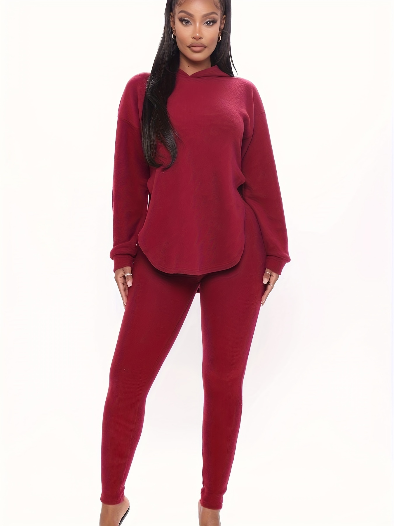 Women's Basic Outfits Set, Plus Size Solid Long Sleeve Curve Hem Hoodie &  Leggings Outfits 2 Piece Set