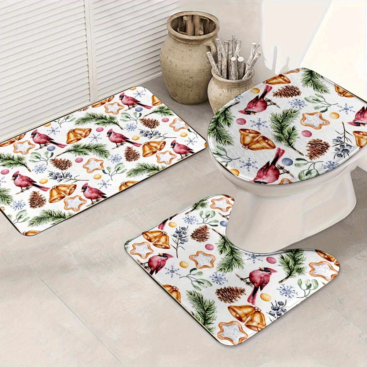 Christmas Pine Needles Flower Pattern Bathroom Rug, Bath Mats Set For  Bathroom, No Silp Washable Cover Floor Rug, Decorations For Bathroom  Bedroom, Set Includes Bath Rug, Contour Mat, And Toilet Lid Cover