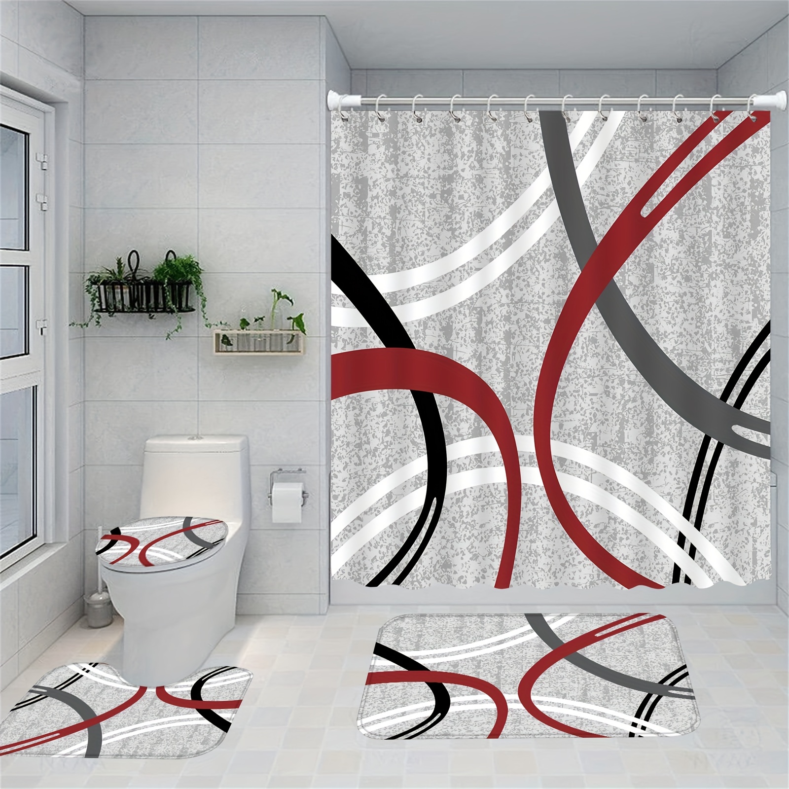 

4pcs Abstract Geometric Pattern Shower Curtain Set, Fashionable Gray Bathroom Decoration Fabric Curtains, Non Slip Shower Mat, Toilet Carpet, Bathroom Partition With 12 Hooks, 71x71 Inches