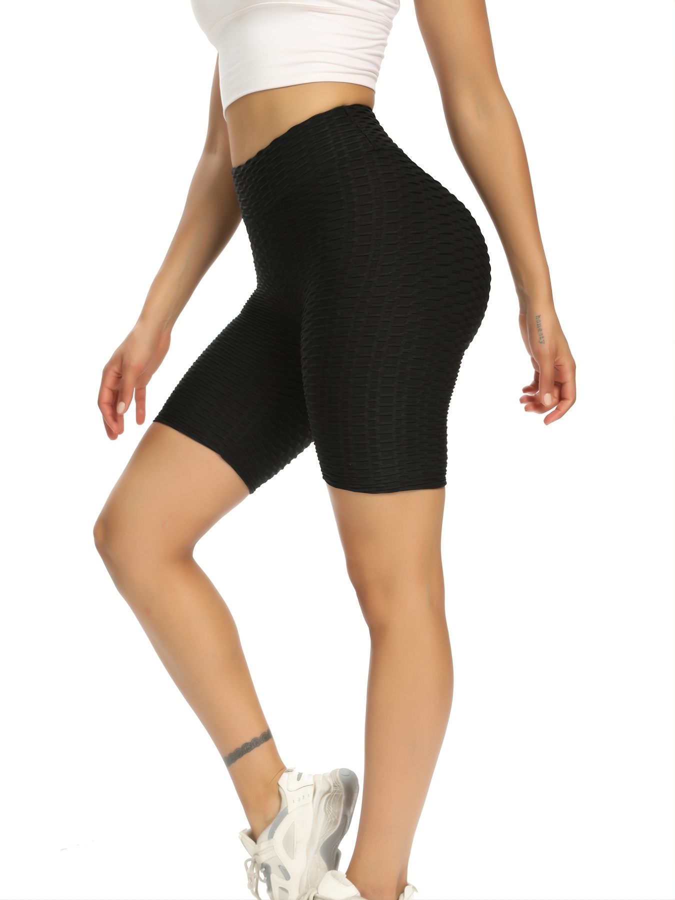 Sports Shorts Women Yoga Short Pants High Waist Honeycomb Shorts, Black, XL  