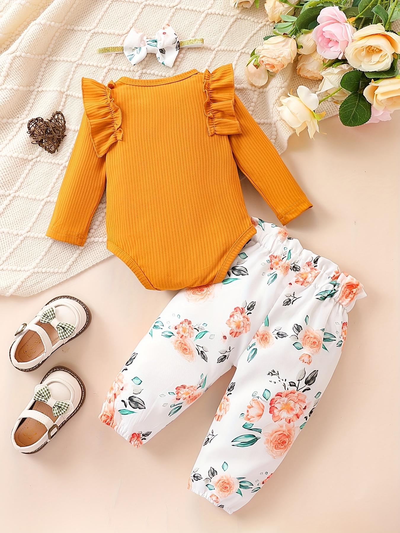 Baby 3pcs Outfits Floral leopard Pants & Ruffle Romper Set