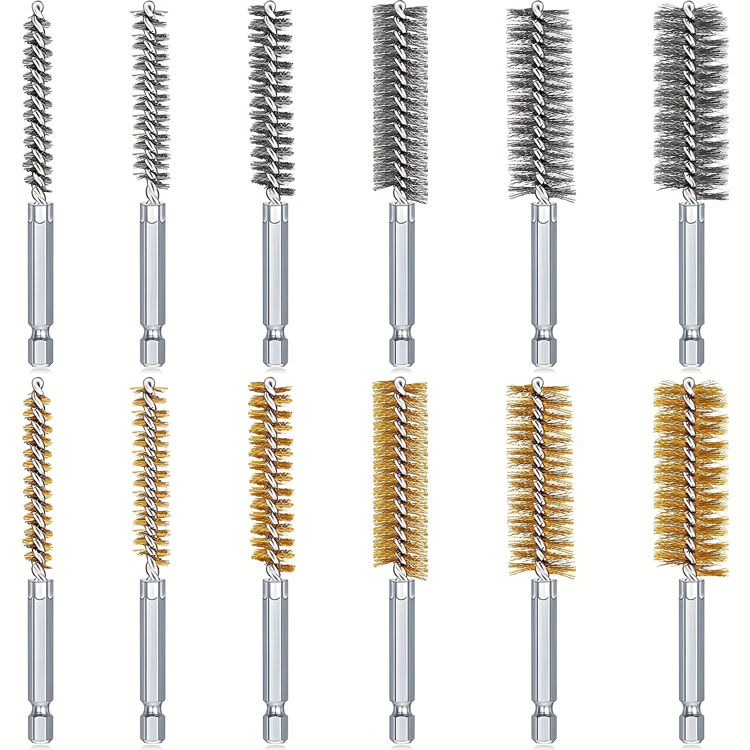 

12pcs Bore Brush Set - Bronze, Stainless Steel Cleaning Brushes For Power Drill & Impact Driver