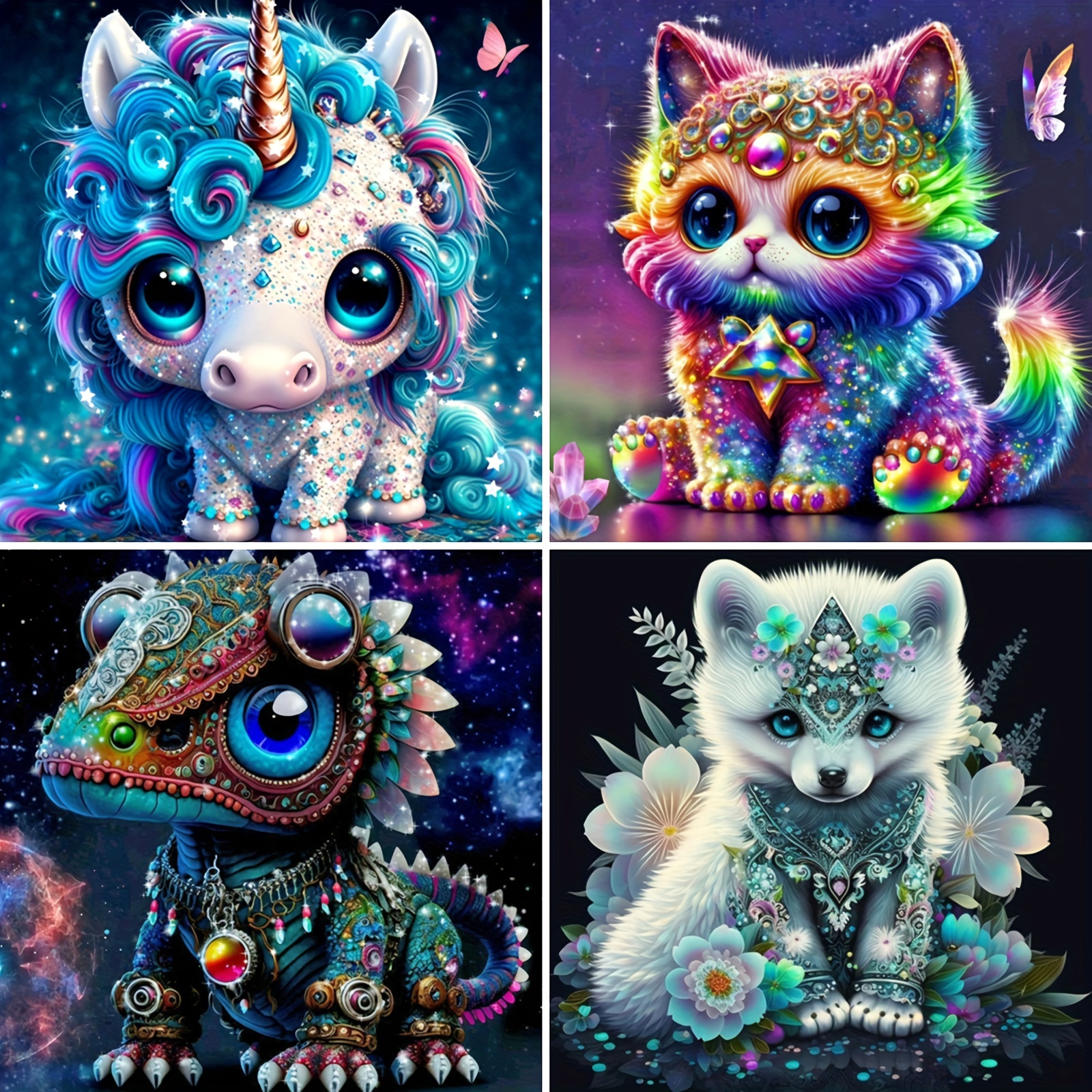 

4pcs/set Artificial Diamond Painting Cartoon Animals/cats/foxes/dinosaurs/unicorns Mosaic Diamond Embroidery Home Decoration (20*20cm/7.87*7.87inch)