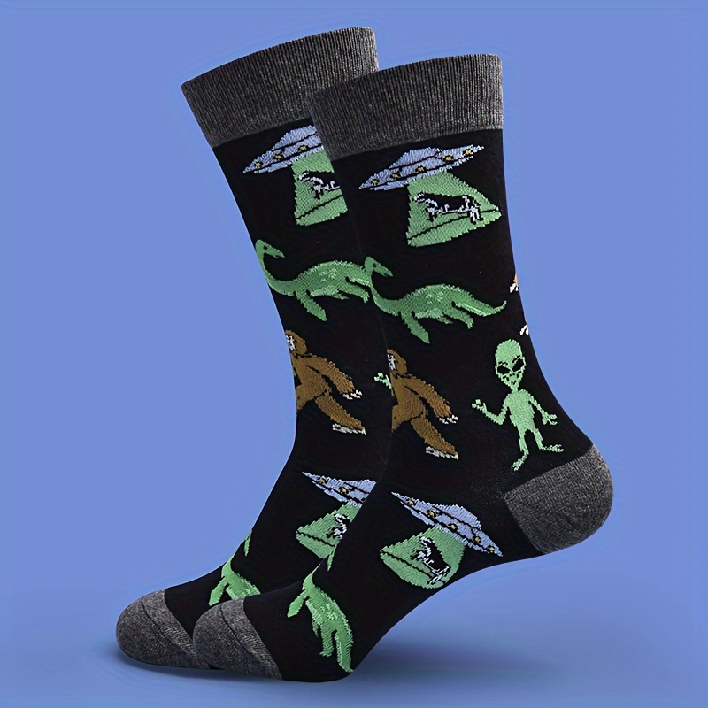 Image of 1 Pair Of Men's Trendy Cartoon Pattern Crew Socks, Breathable Comfy Casual Unisex Socks For Men's Outdoor Wearing Wearing