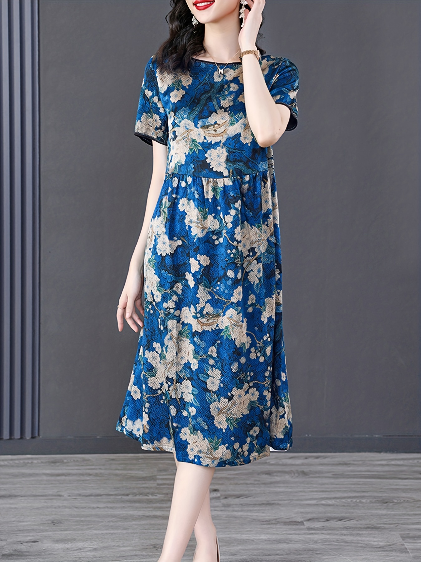 Floral Print Midi Dress Casual Crew Neck Short Sleeve Loose Dress